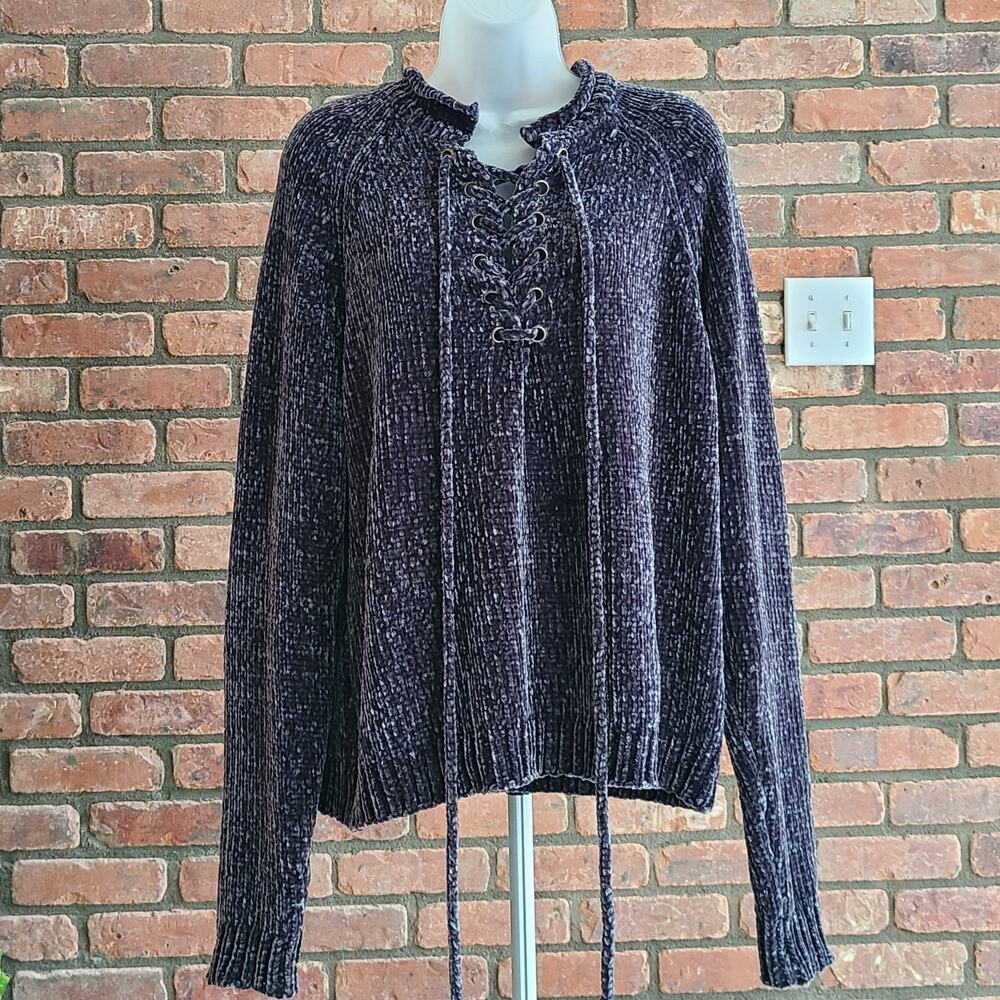Chenille Crew Neck Sweater Top, Quarter Lace up Top
